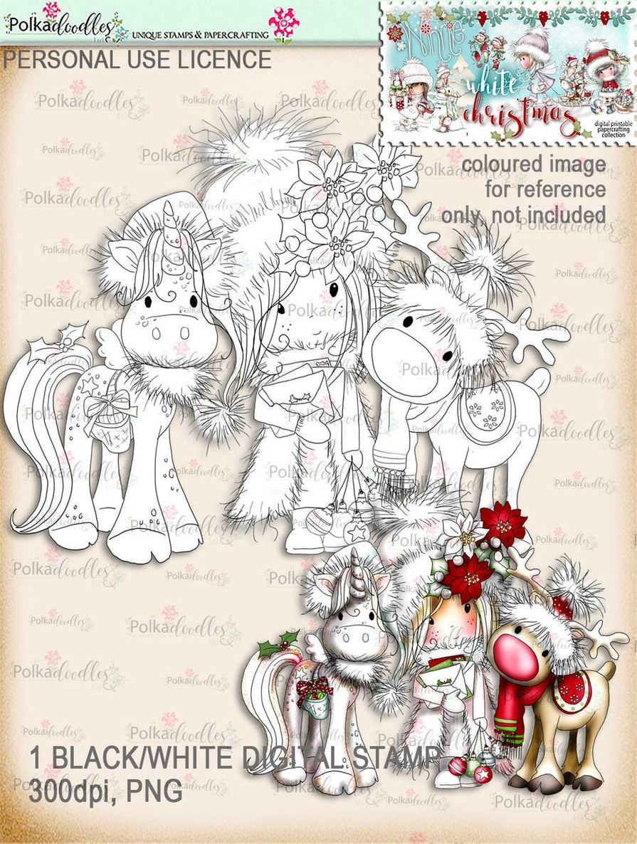 Rudolph & Holly the Christmas Unicorn - Digital Stamp download. Winnie White Christmas printables.Craft printable download digital stamps/digi scrap