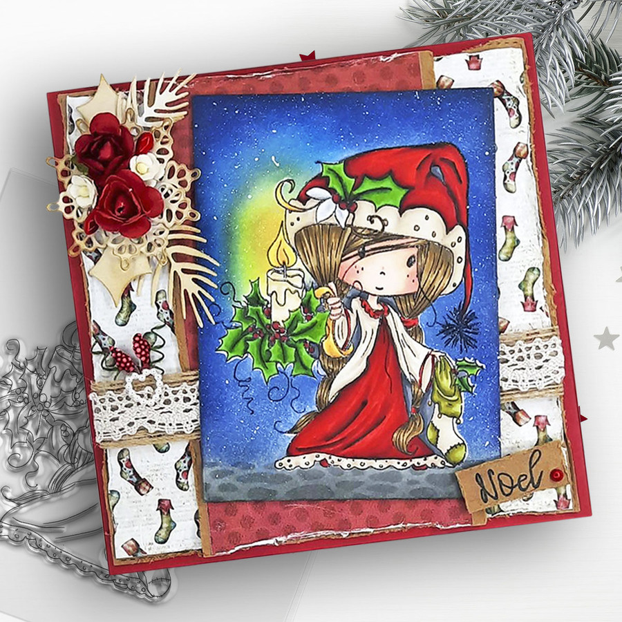 Winnie lighting the Way for Christmas - Winnie White Christmas Clear Polymer Stamp.