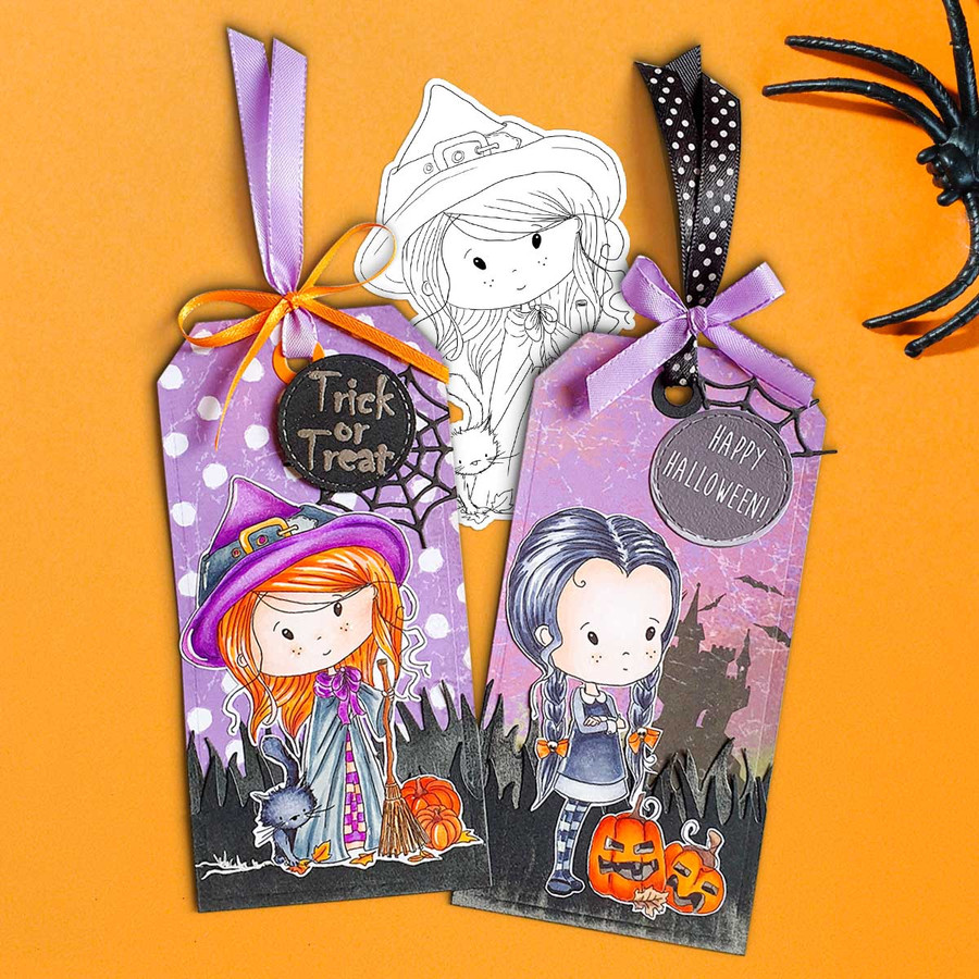 Winnie Wednesday Witch & Cat PRECOLOURED clipart - Halloween Autumn digital stamp printable craft download for card making, stickers, scrapbook, junk journals.