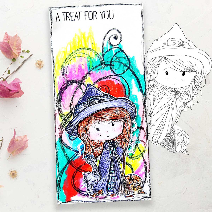 Winnie Wednesday Witch & Cat - Halloween Autumn digital stamp printable craft download for card making, stickers, scrapbook, junk journals