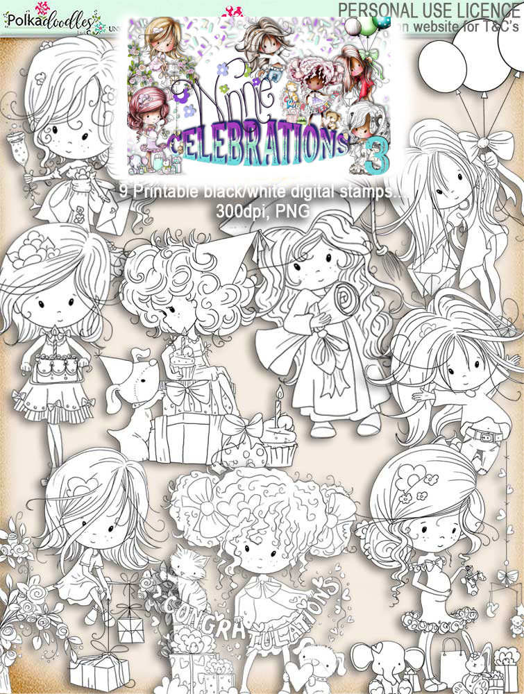 Winnie Celebrations 3... 9 digi stamps - digi scrap kit download digital printables. High quality 300dpi.