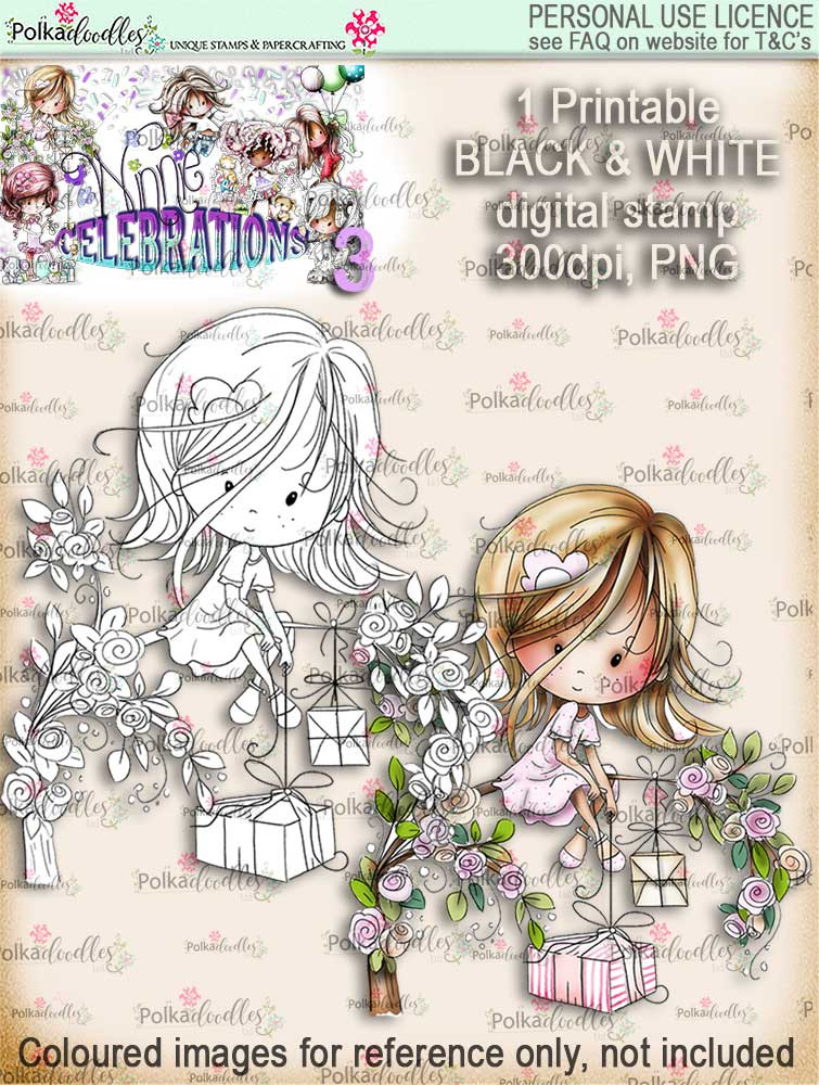 Winnie Celebrations 3...Surprise, Gifts, presents, tree, branch, black & white digi stamp printable download