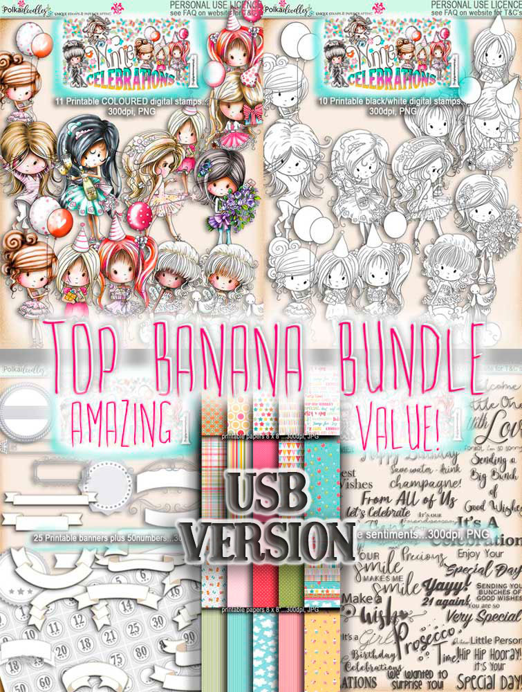 Winnie Celebrations 1...Top Banana bundle, mega value kit of digi stamps, papers, sentiments, banners & numbers printables on USB