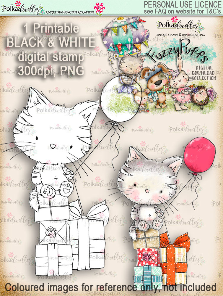 Jasper Kitty Balloon - Fuzzypuffs digi stamp printable download