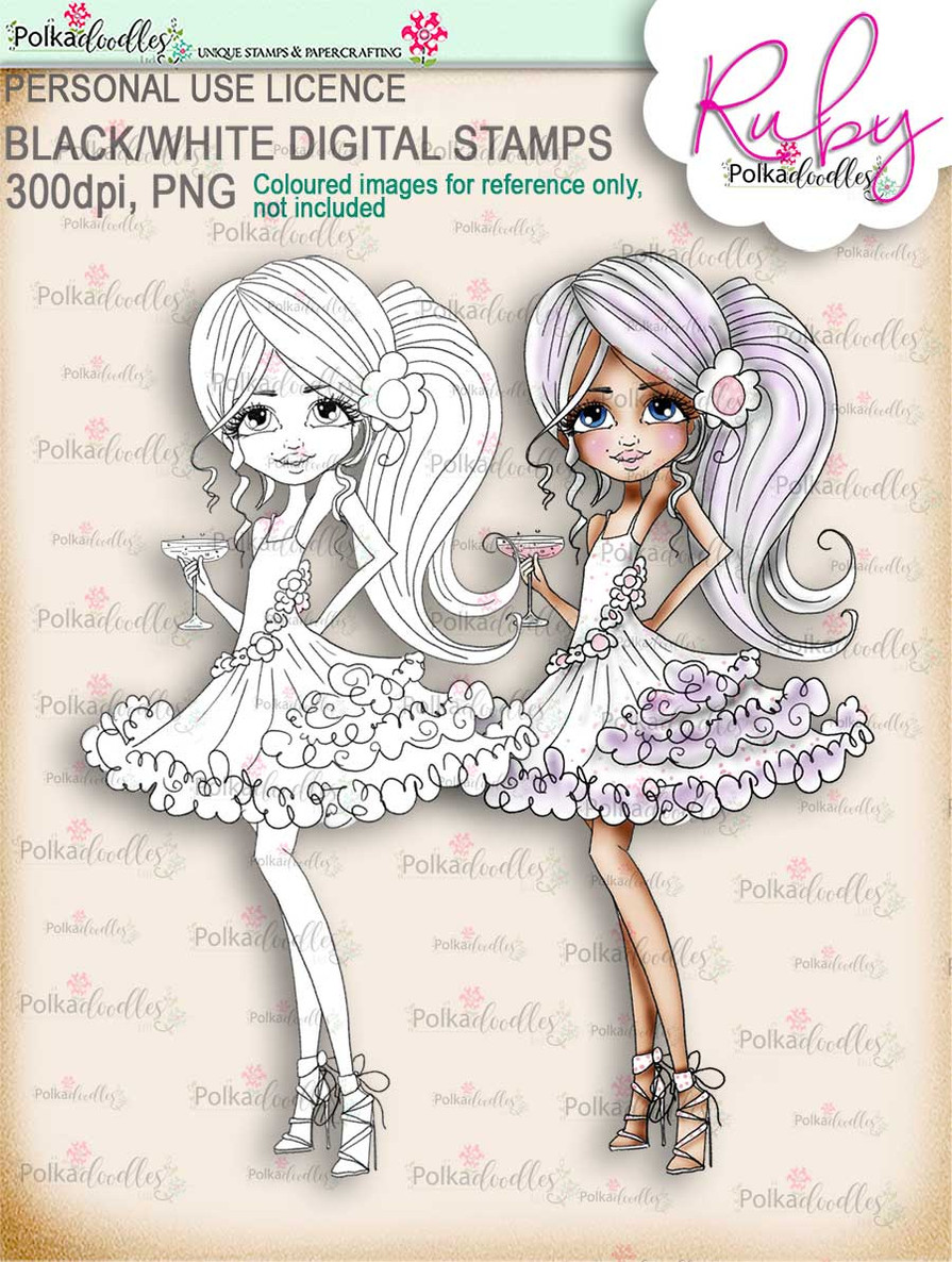 Ruby Party Girl - black/white digi stamp download - black/white digi stamp download