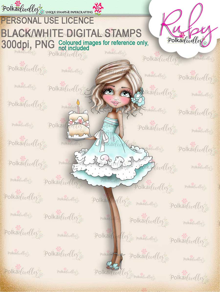 Ruby birthday cake - precoloured digi stamp download