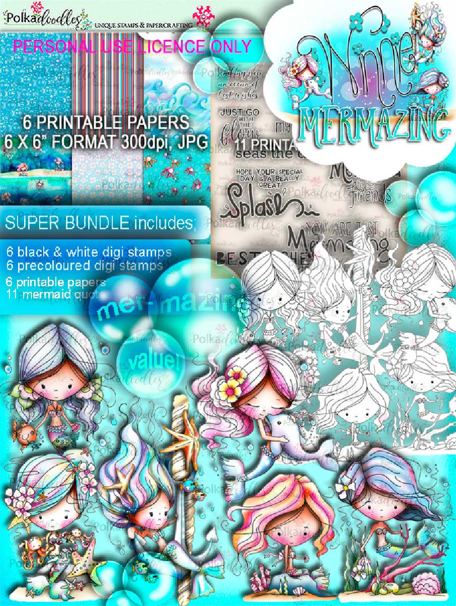 Winnie Mermaid Mermazing - card making craft scrapbooking printable digital stamps bundle