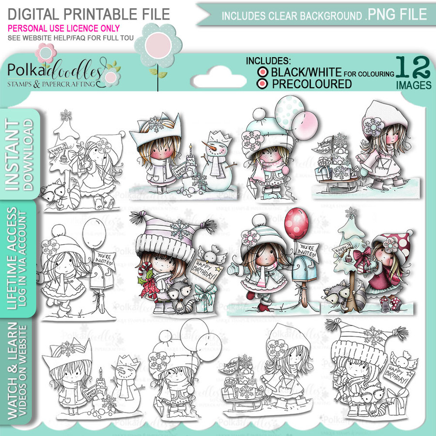 Winnie winter celebrations big bundle - digital papercrafting download

We created this gorgeous printable cardmaking digi kit for all of you who have Winter Birthdays and Celebration handmade cards to create this year! It can be difficult to find a digital stamp which is perfect for a Christmas Holiday Celebration, so try this lovely Winnie Winter Celebrations collection! 

Includes:

6 black and white digital stamps 
6 colour digital stamps
This is a great digital papercraft and scrapbooking download. 

Make handmade cards with this cute winter birthday celebration printable digi stamp collection for downloading and printing at home. Perfect for all those Winter/Holiday/Christmas birthday celebrations you have to make over the winter season.