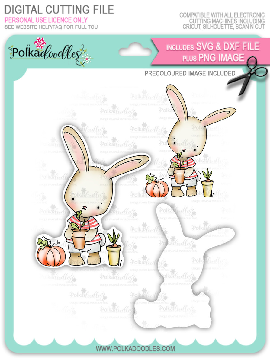 Gil bunny Rabbit Gardening - Precoloured digi stamp/with SVG/DXF Cutting File