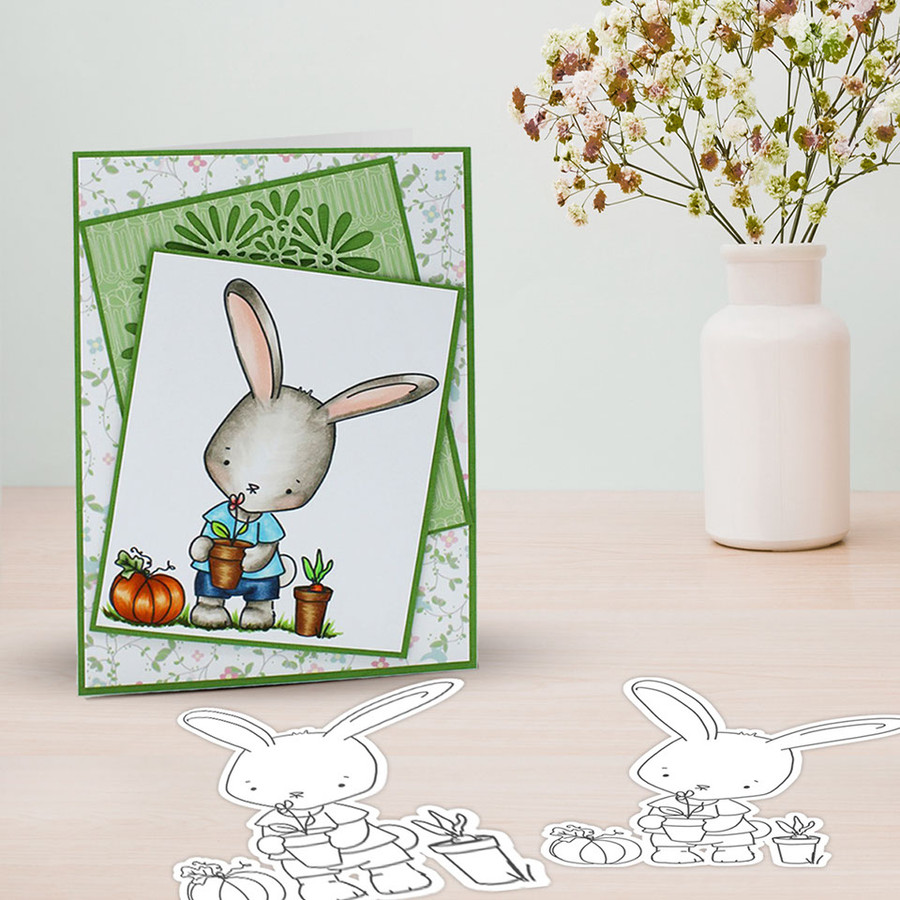 Gil bunny Rabbit Gardening - Precoloured digi stamp/with SVG/DXF Cutting File