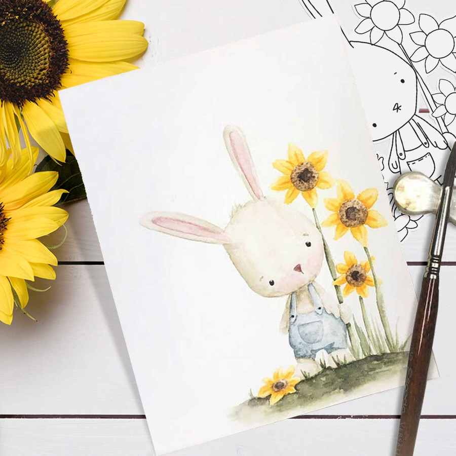 Gil bunny Rabbit Growing Sunflowers - digi stamp/with SVG/DXF Cutting File