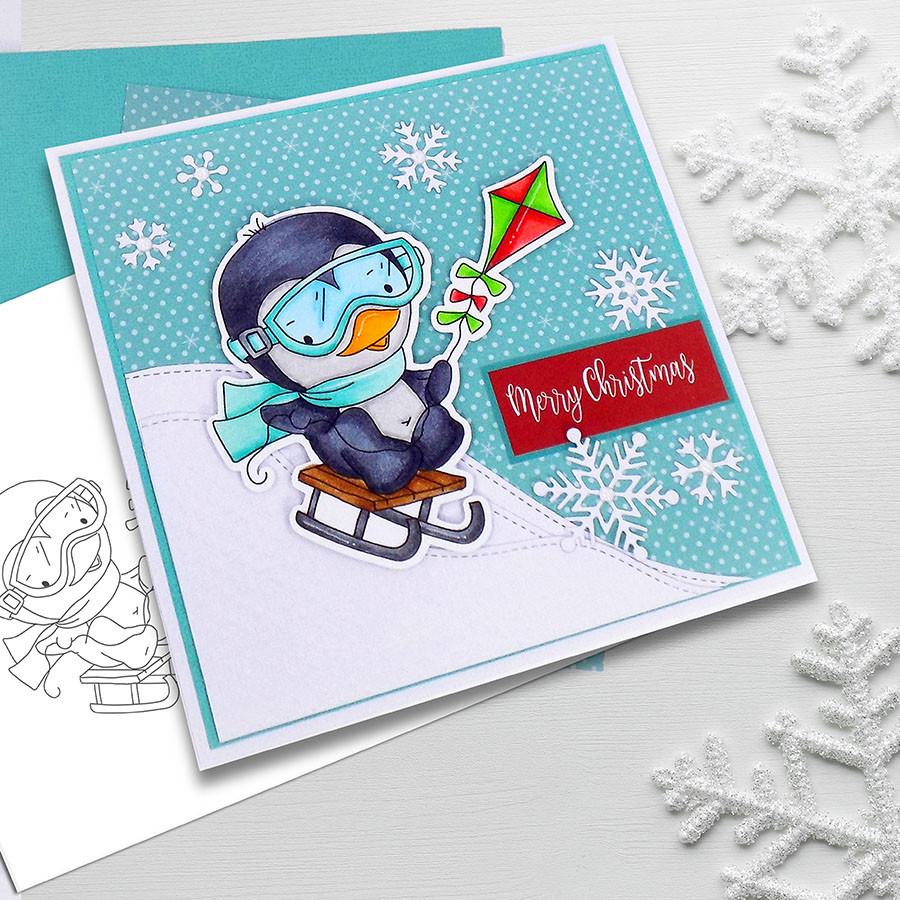 Waddy Penguin with Snowkite - Precoloured digi stamp/with SVG/DXF Cutting File