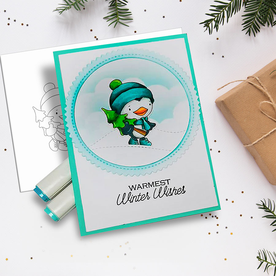 Waddy Penguin with Christmas Tree - Precoloured digi stamp/with SVG/DXF Cutting File