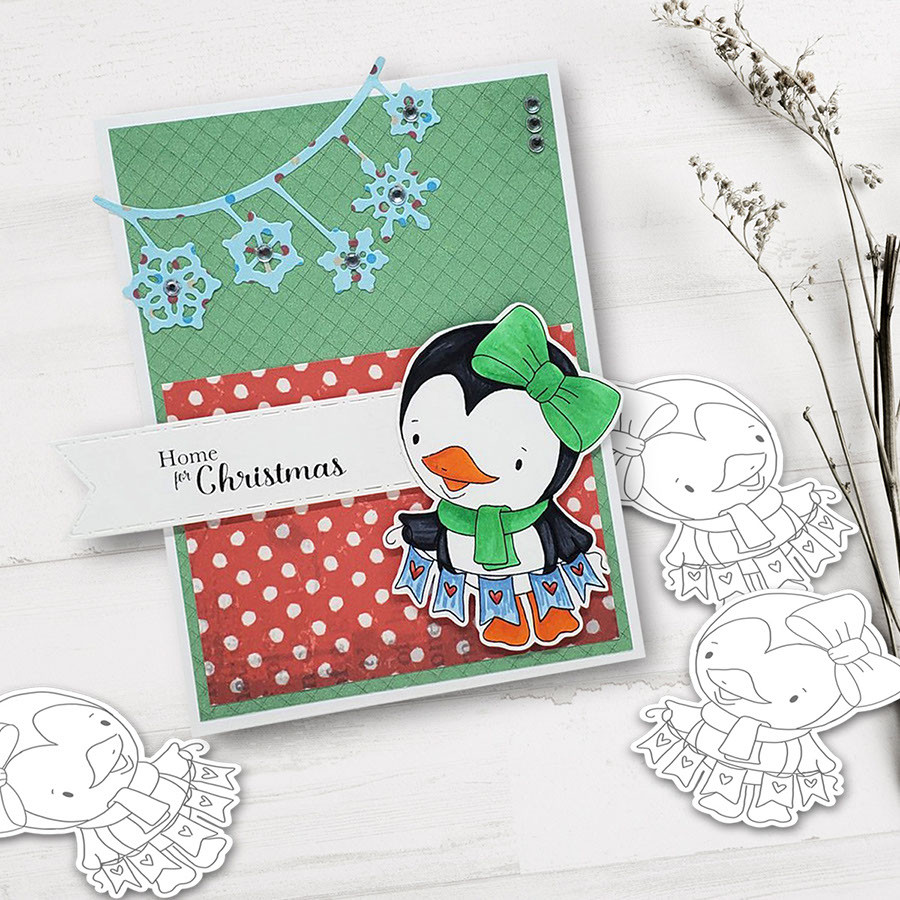 Wanda Penguin Hanging Bunting - Precoloured digi stamp/with SVG/DXF Cutting File