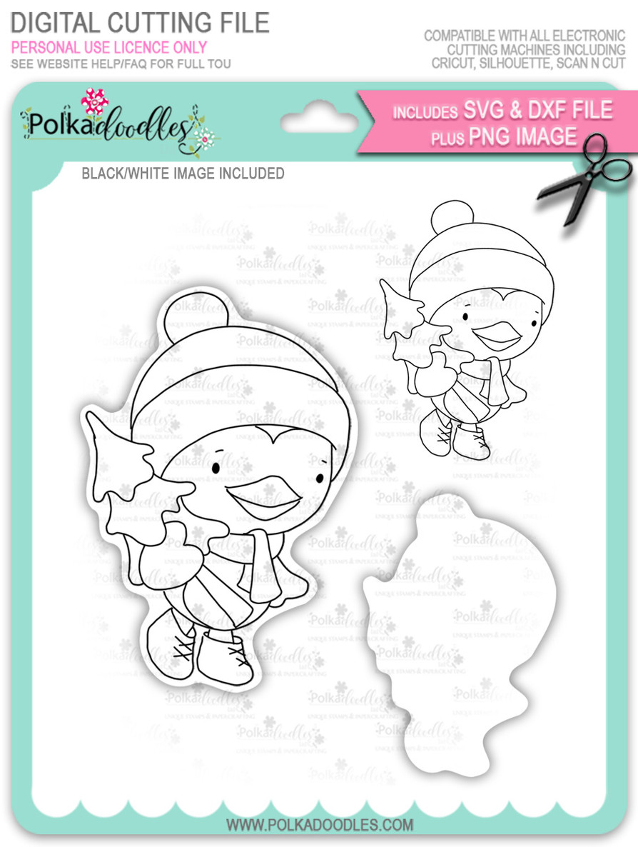 Waddy Penguin with Christmas Tree - digi stamp/with SVG/DXF Cutting File