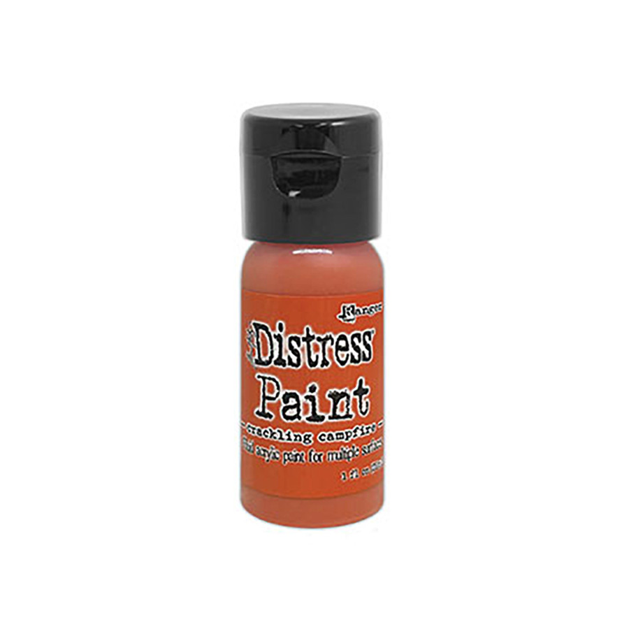 Crackling Campfire Distress Paint - Tim Holtz. Convenient Flip tops are great for quick and easy application of Distress Paint with brushes, blending tools, splatter brush and more! With a timeless matte finish, Distress Paints are very fluid water-based acrylic paints for use on multiple surfaces. Developed to be reactive with water, like other products in the Distress family, Distress Paints are the perfect choice to accomplish a wide variety of artistic techniques. Use with stamps, paper, wood, metal, glass, plastic and more!