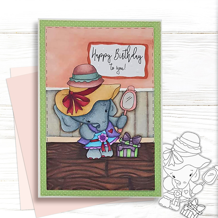 Agnes Elephant Hat Shopping - Precoloured digi stamp, SVG/DXF Cutting File