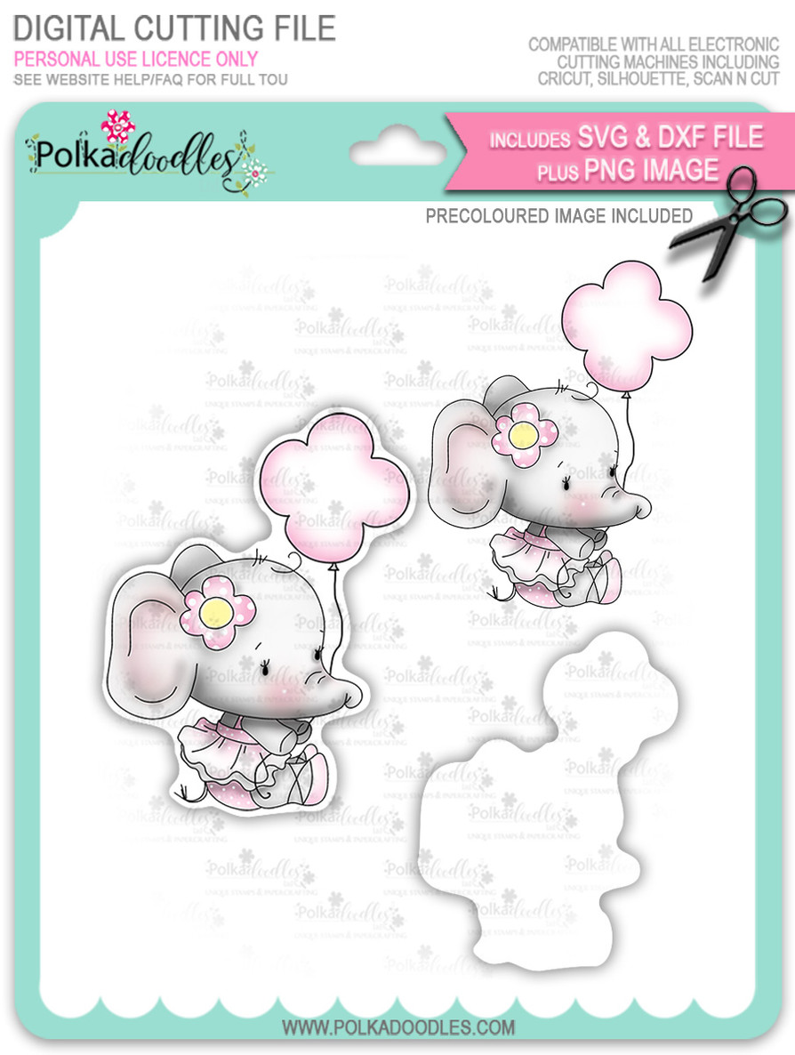 Agnes Elephant Balloon - Precoloured digi stamp, SVG/DXF Cutting File