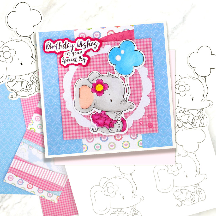Agnes Elephant Balloon - Precoloured digi stamp, SVG/DXF Cutting File
