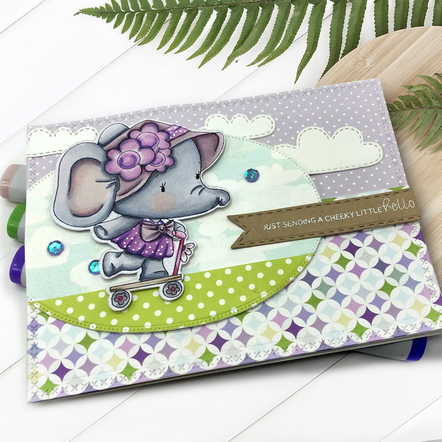 Agnes Elephant Scooter - Precoloured digi stamp, SVG/DXF Cutting File