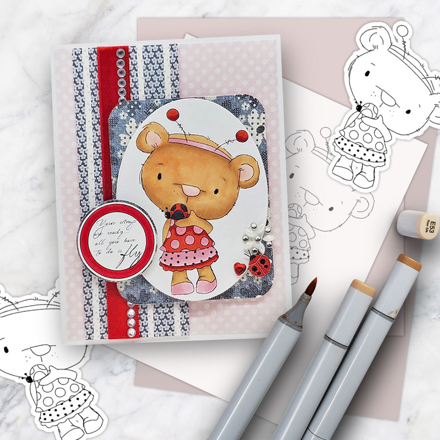 Bella Bear Ladybug - Precoloured digi stamp, SVG/DXF Cutting File