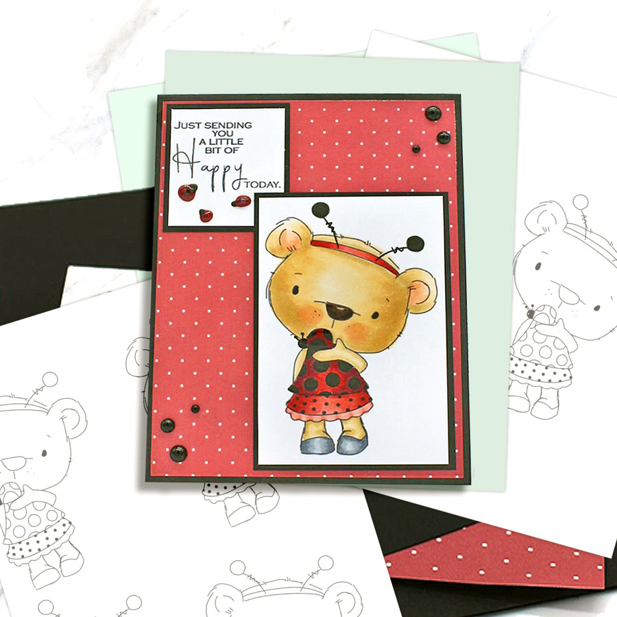 Bella Bear Ladybug - Precoloured digi stamp, SVG/DXF Cutting File