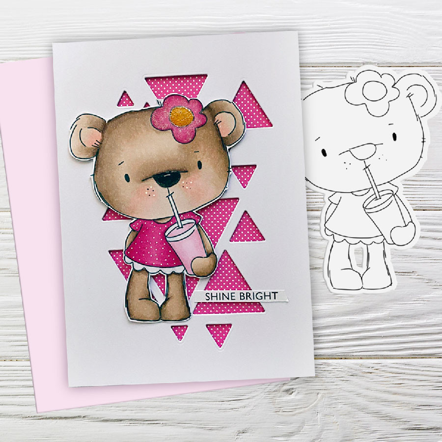 Bella Bear with Milkshake - digi stamp, SVG/DXF Cutting File