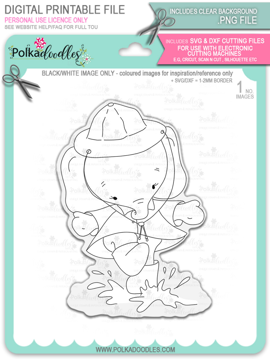 Eli Elephant Splashing Puddles - Christmas Holiday Too Cute digital stamp download including SVG file