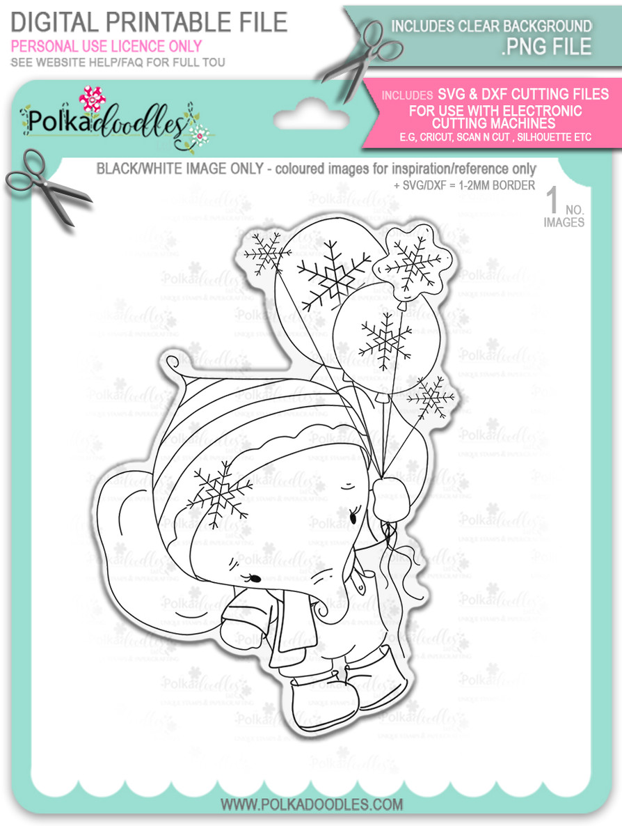 Eli Elephant with Snowflake Balloons - Christmas Holiday Too Cute digital stamp download including SVG file