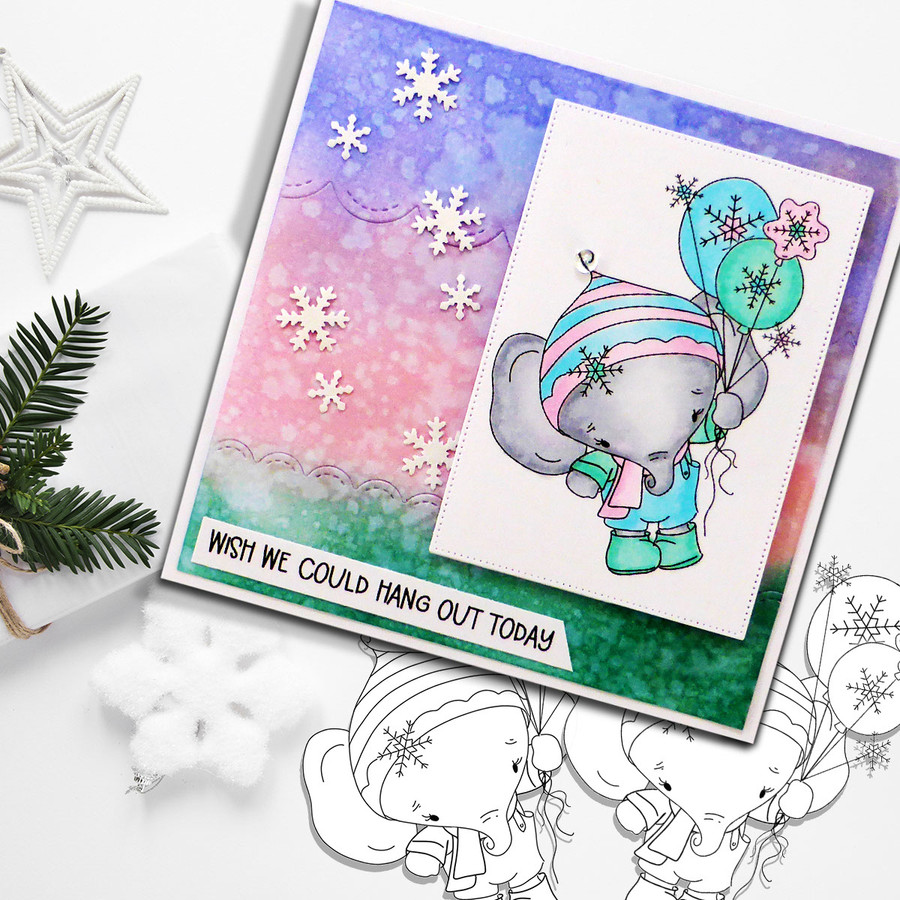 Eli Elephant with Snowflake Balloons - Christmas Holiday Too Cute digital stamp download including SVG file