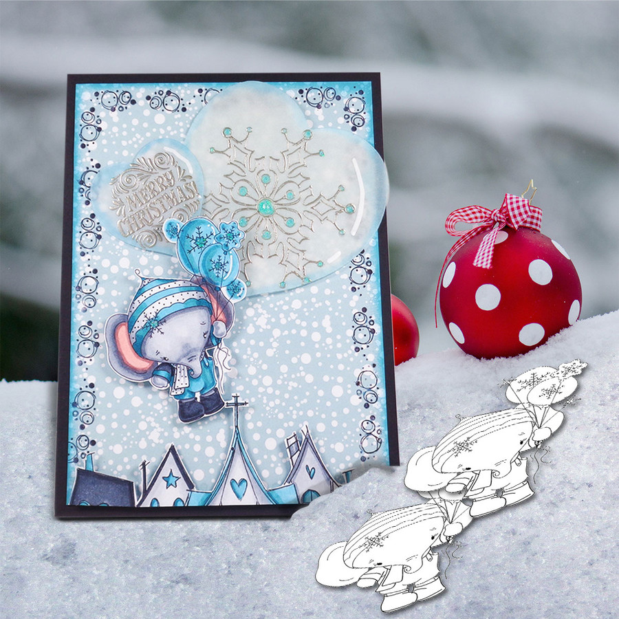 Eli Elephant with Snowflake Balloons - Christmas Holiday Too Cute digital stamp download including SVG file