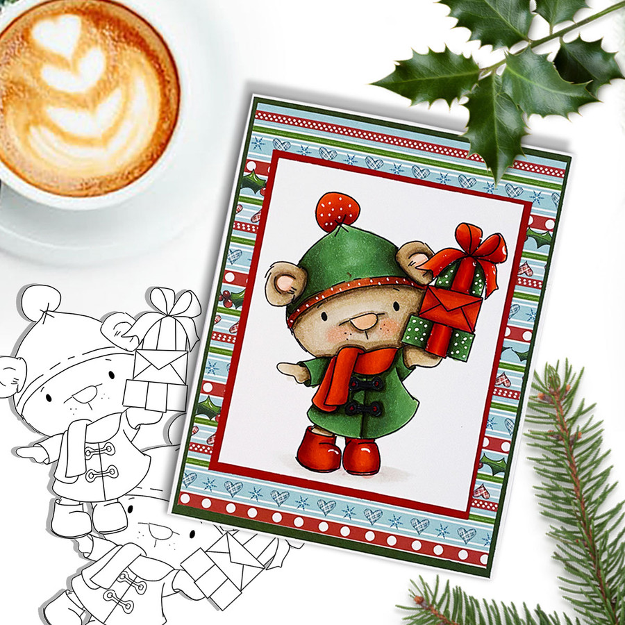Bella Bear with lots of Parcels/Gifts - Christmas Holiday Too Cute digital stamp download including SVG file