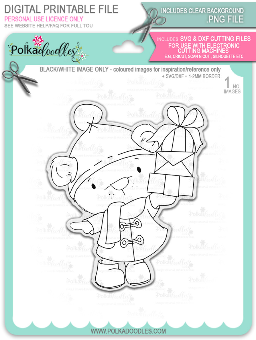 Bella Bear with lots of Parcels/Gifts - Christmas Holiday Too Cute digital stamp download including SVG file