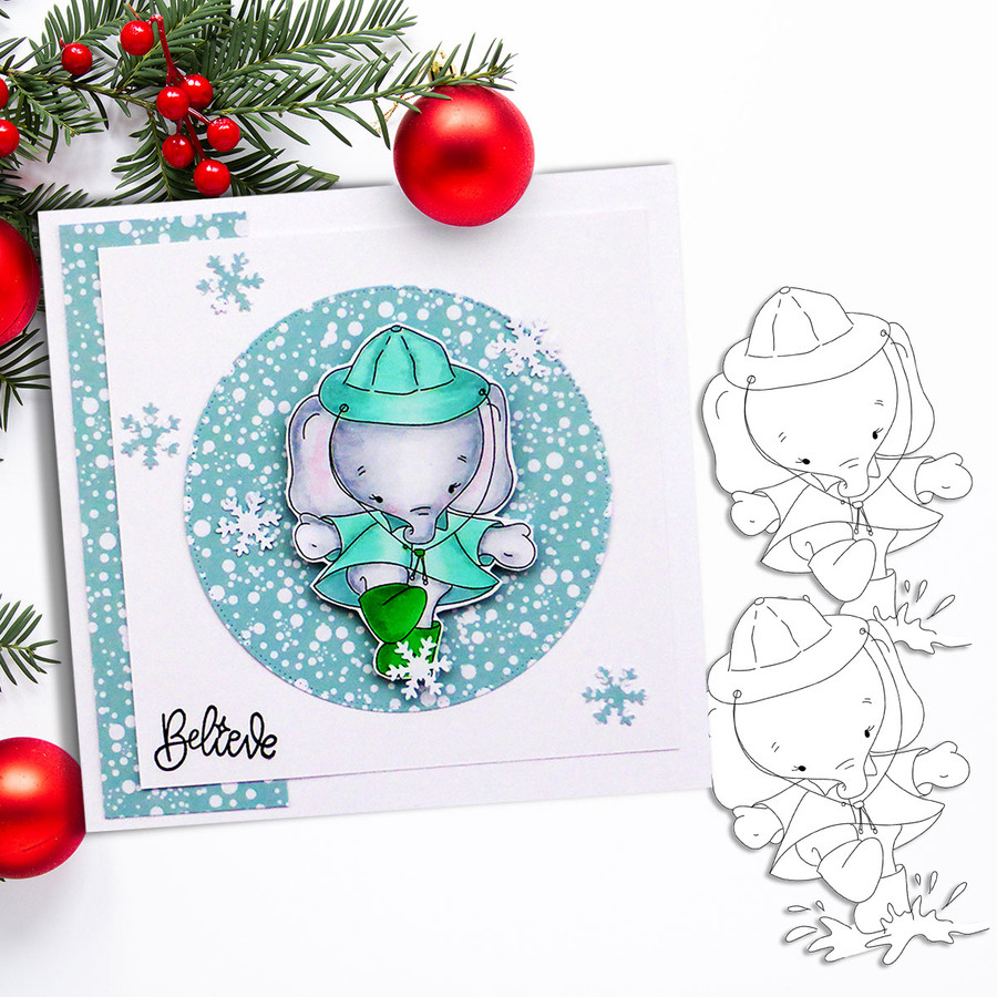 Eli Elephant Splashing Puddles - Christmas Holiday Too Cute digital stamp download including SVG file