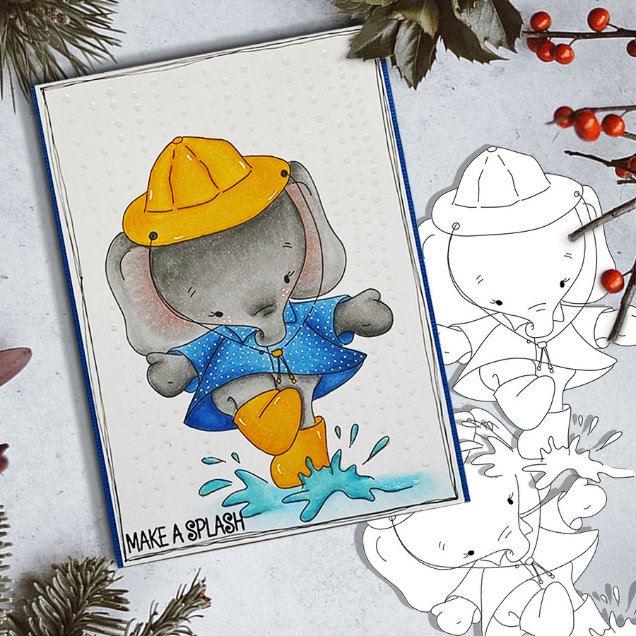 Eli Elephant Splashing Puddles - Christmas Holiday Too Cute digital stamp download including SVG file