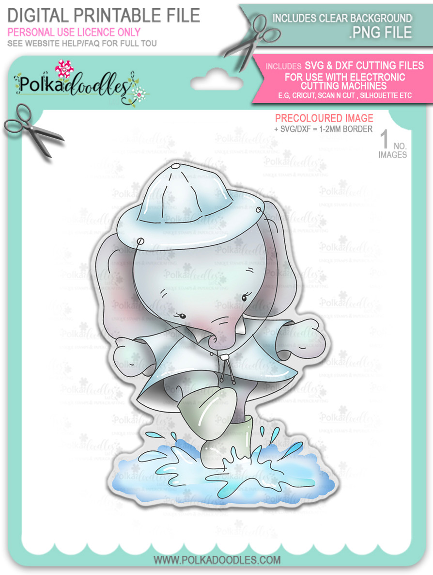 Eli Elephant Splashing Puddles - precoloured Christmas Holiday Too Cute digital stamp download including SVG file
