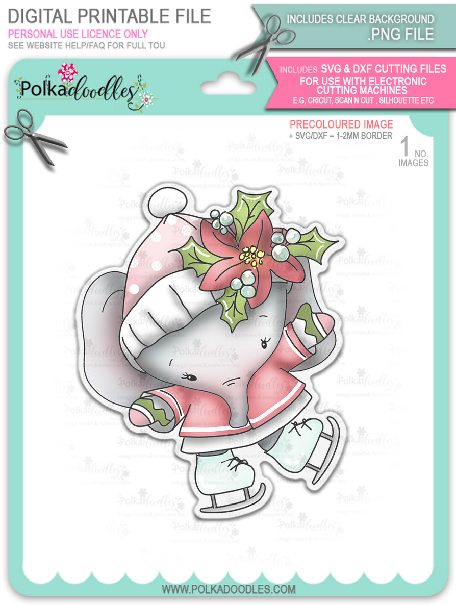 Agnes Elephant Ice Skating - Christmas Holiday Too Cute digital stamp download including SVG file