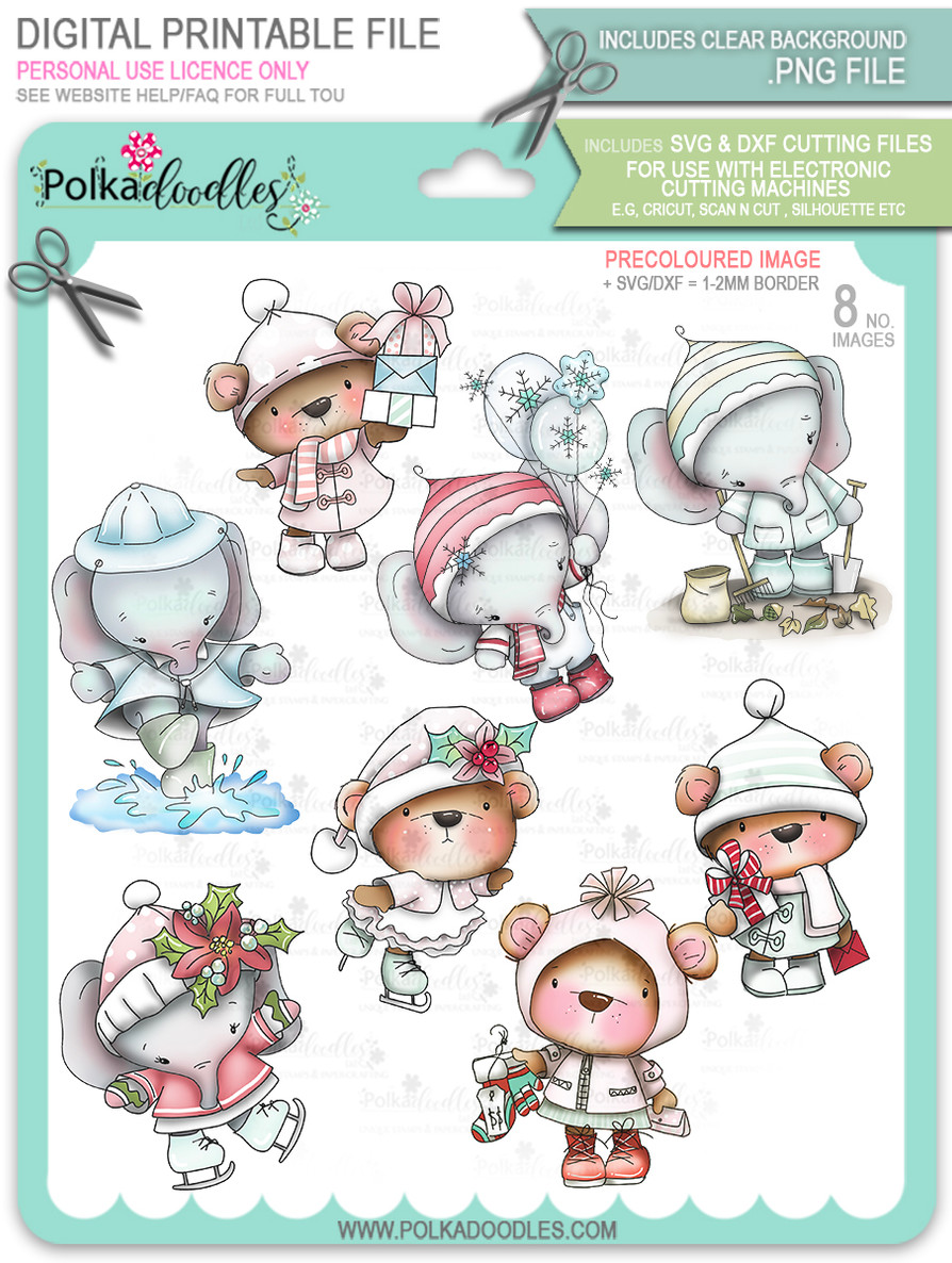 Too Cute Winter Wonders Bears & Elephants Bundle - precoloured Christmas Holiday Too Cute digital stamp downloads including SVG files