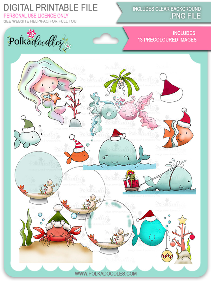 Too Cute Christmas Fishes Colour Bundle -  Holiday digital stamp downloads