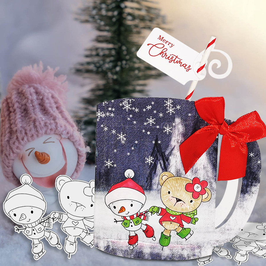 Ice Skating Snowman & Bear Too Cute digital stamp download including SVG file