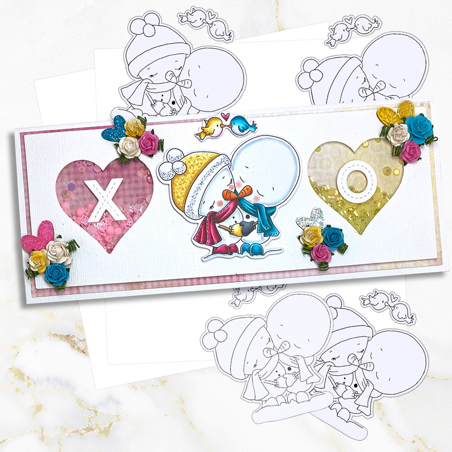 Snowmen Frosty Hugs PRECOLOURED Too Cute digital stamp download including SVG file