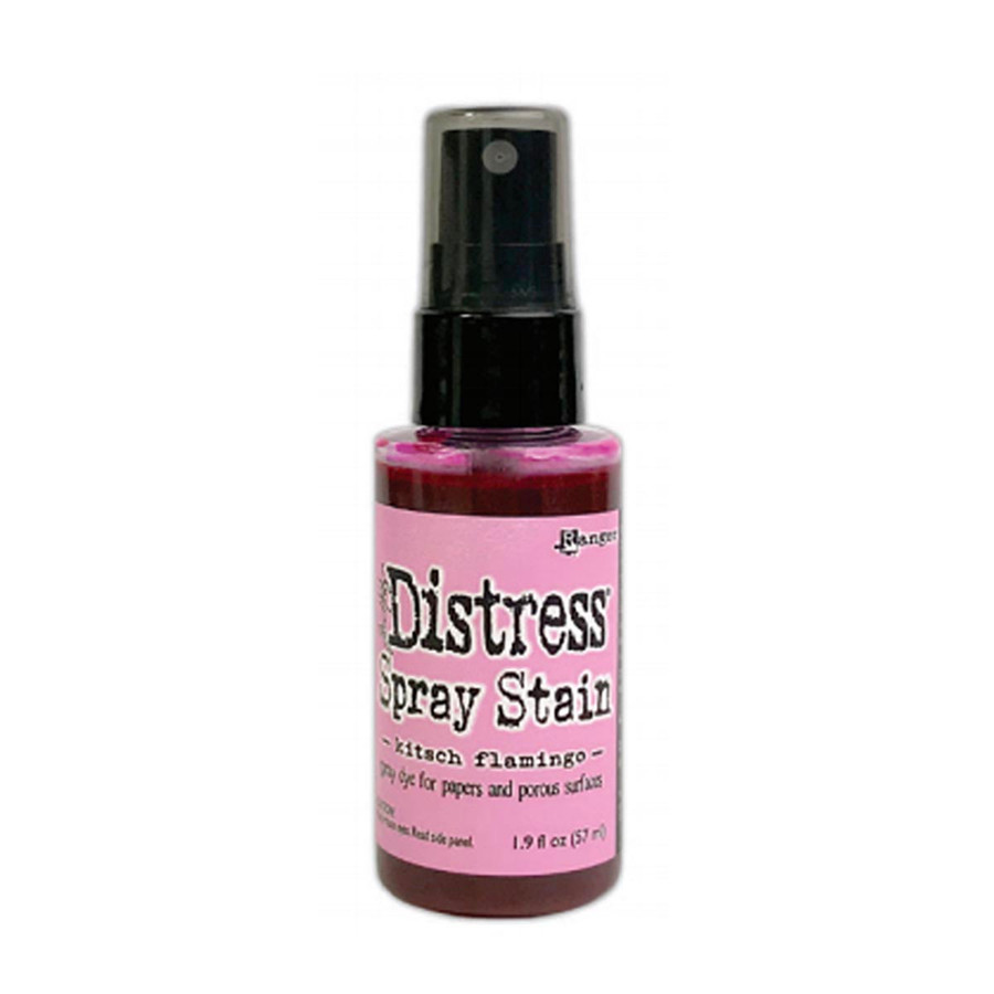 Kitsch Flamingo  Distress Stain Spray ink - Tim Holtz.  Spray directly on porous surfaces for quick, easy ink coverage. Mist with water to blend color and create mottled effects. Spray through stencils, layer colors, spritz with water and watch the color mix & blend. Spray Stains coordinate with the Distress palette of products.