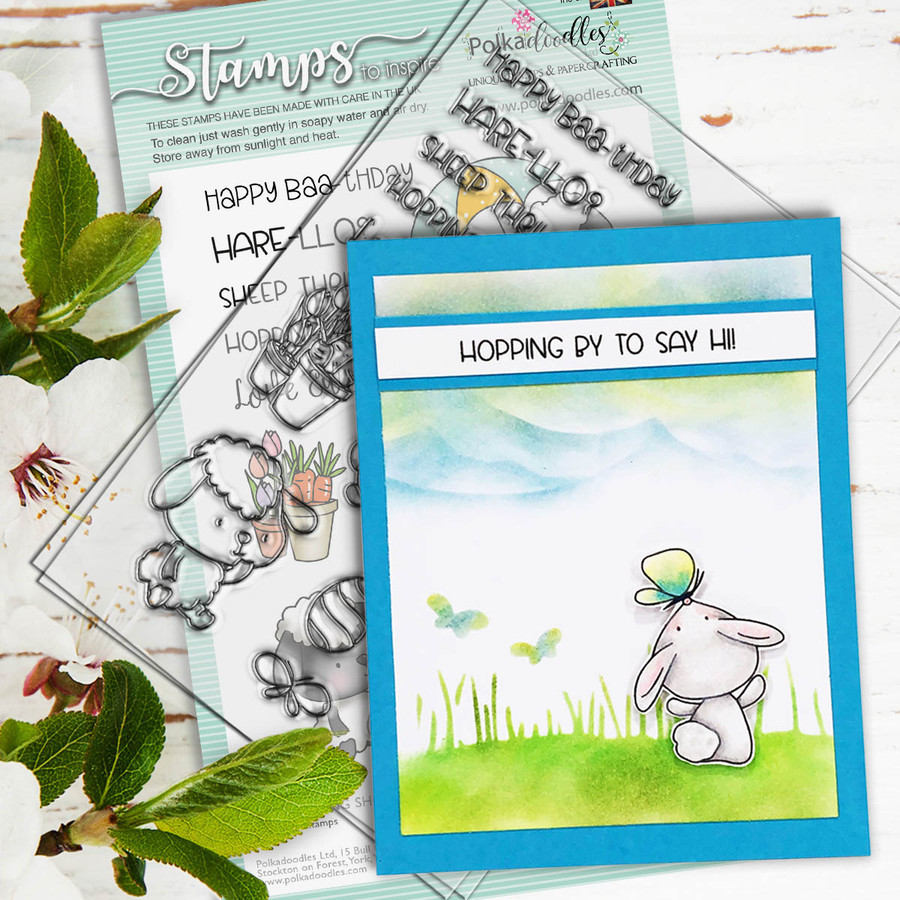 card showing Spring Borders Stencil (PD8131) with bunny rabbit and grass