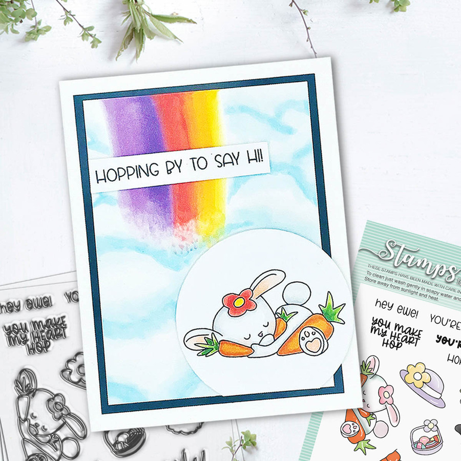 rainbow card with bunny rabbit and flower border stencil