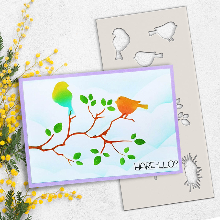 card example with Bird in the bush craft stencil featuring 3 birds and tree branches