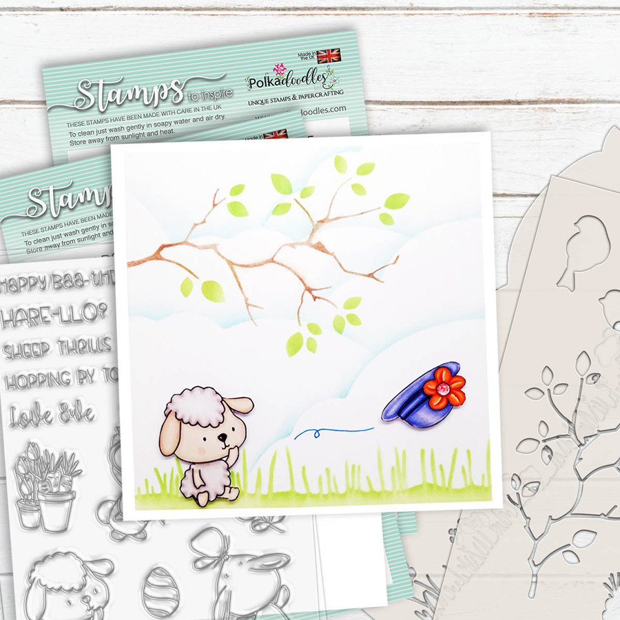 Card with Bird in the bush craft stencil and a sheep with hat flying off