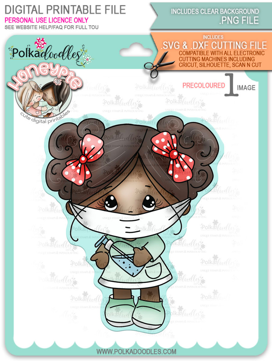 Honeypie Wearing a Mask - deep skin/hair - precoloured digital stamp printable download with free SVG /DXF file included (DLPD8345D)