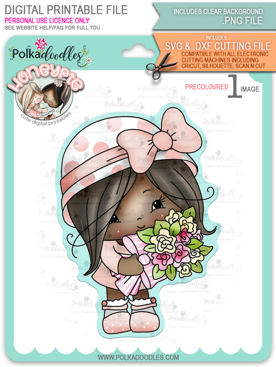 Honeypie Sweet Bouquet Flowers - deep skin/hair precoloured digital stamp printable download with free SVG /DXF file included