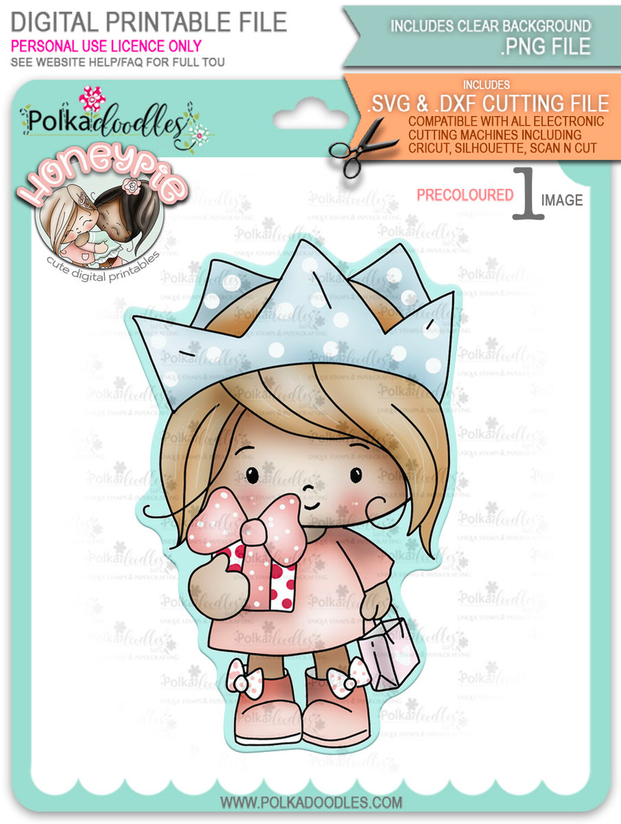 Honeypie Birthday - light skin/hair precoloured digital stamp printable download with free SVG /DXF file included