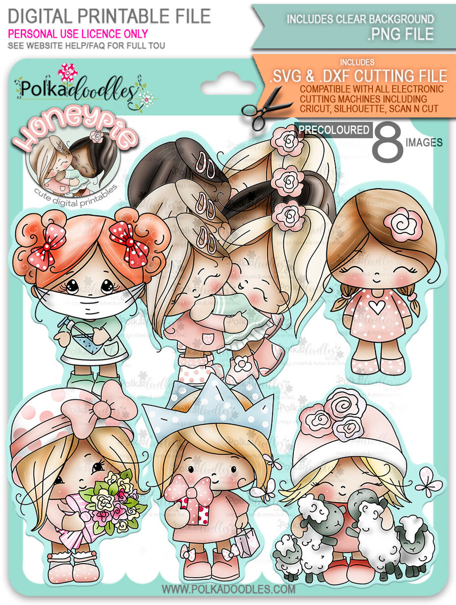 Honeypie Bundle - light skin/hair 8 precoloured digital stamp printable downloads with free SVG /DXF files included